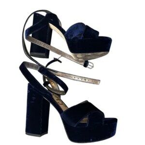 Sam Edelman Navy Blue Velvet Platform Block Heel Ankle Strap Sandals Size 7.5